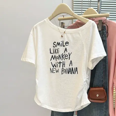 美式辣妹风斜肩露肩短袖T恤女夏季修身韩版褶皱收腰半袖上衣ins潮商品大图