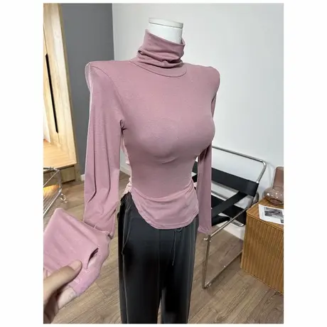 纯欲～高领套手指弧形下摆长袖T恤修身堆堆领打底衫上衣秋季新款图片