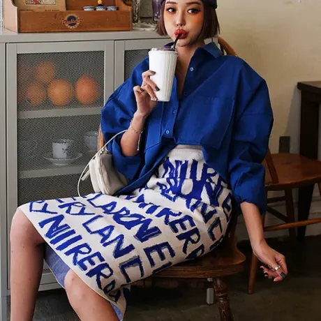 现货韩国东大门女装2020秋装新款洋气显瘦开叉字母针织半身裙子女图片