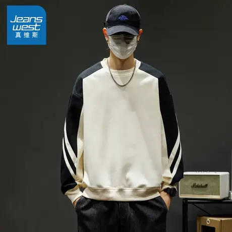 N5真维斯男士圆领卫衣2025秋季新款美式宽松撞色拼接男生春秋上衣商品大图