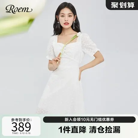 Roem春夏新品优雅时尚法式淑女方领露背性感泡泡袖短袖连衣裙商品大图