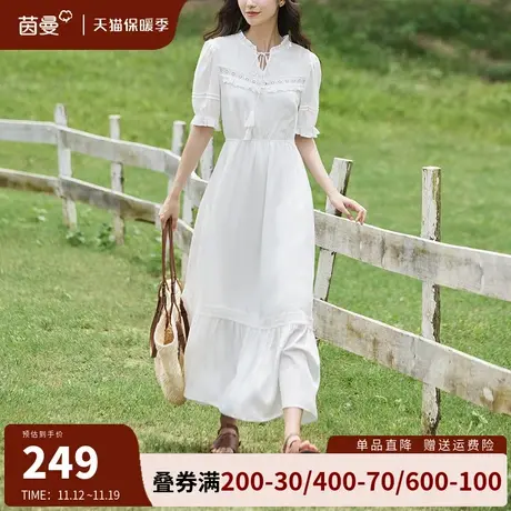 茵曼旗舰店法式复古系带连衣裙女2023夏季新款松紧高腰显瘦中长裙图片