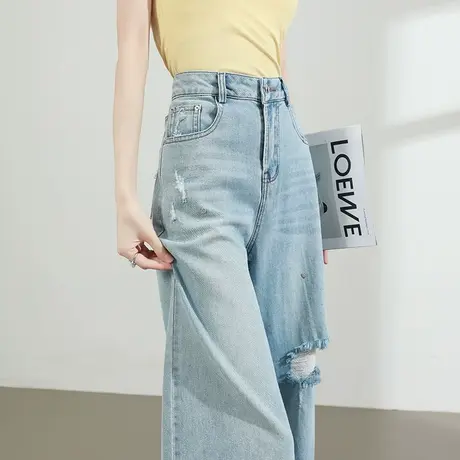 破洞牛仔阔腿裤女夏季薄款高腰显瘦复古垂感宽松小个子九分直筒裤商品大图