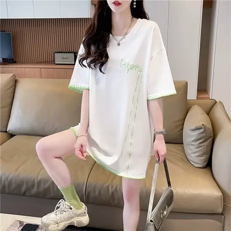设计感小众短袖t恤女夏季韩版宽松大码女装中长款下衣失踪上衣服商品大图