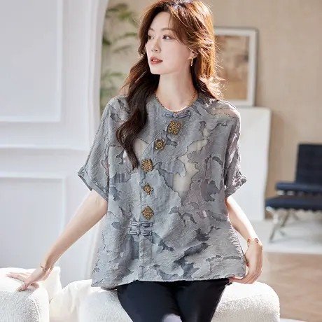 宝诗黎蝙蝠袖钉钻提花镂空衬衫2025夏季国风气质百搭宽松大码衬衣商品大图