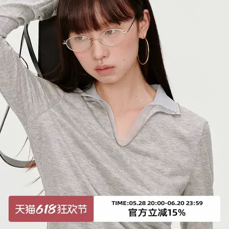 omont蛋挞家 复古撞色翻领长袖T恤2025春季修身显瘦假两件打底衫商品大图