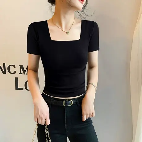 法式方领纯色短袖T恤女韩版修身夏季新款百搭气质打底衫上衣ins图片