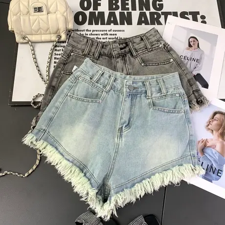 甜辣风毛边流苏高腰牛仔短裤女2024夏季新款美式性感包臀a字热裤图片
