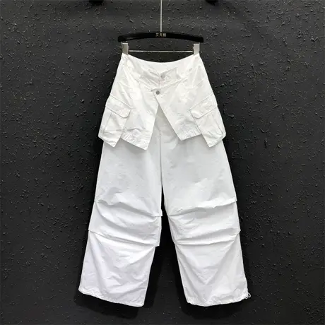 个性辣妹甜酷高腰白色牛仔工装裤女2025春夏薄款百搭假两件直筒裤商品大图