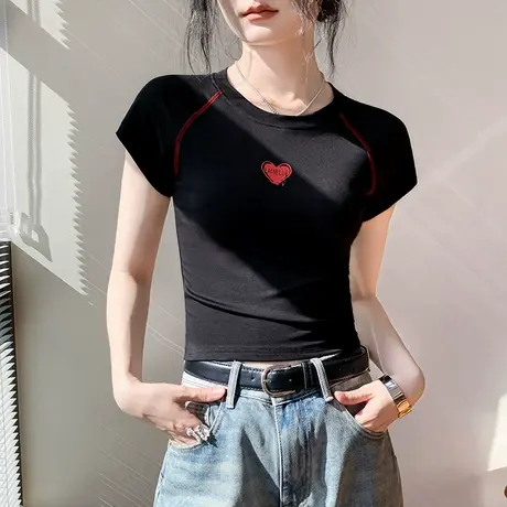 莱赛尔天丝爱心刺绣插肩圆领短袖T恤女夏季修身显瘦别致小众上衣图片