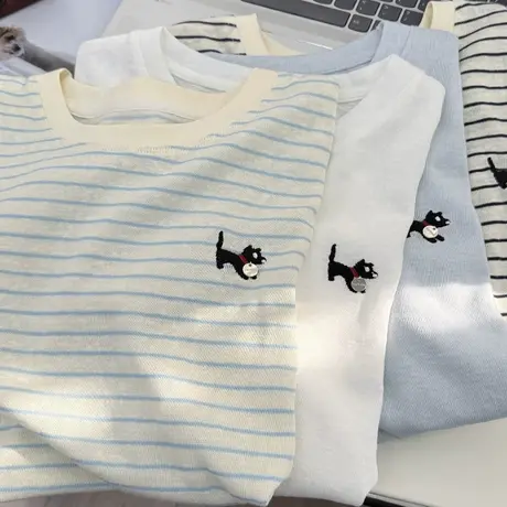 轻薄透气竹节棉条纹短袖女t恤夏宽松慵懒风简约刺绣白色圆领上衣商品大图