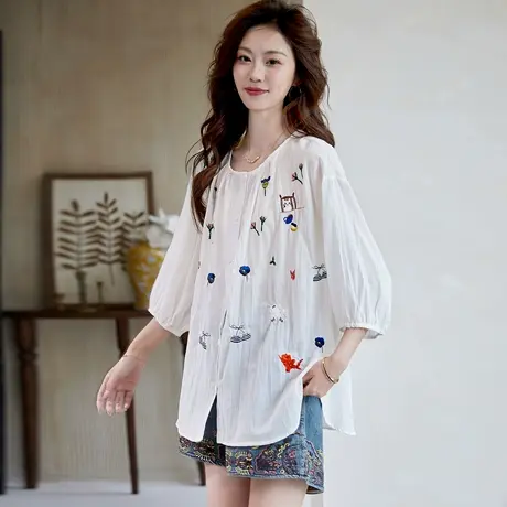 宝诗黎【新品价208元】七分袖刺绣苎麻衬衫ACV1085商品大图