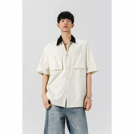 回力美式复古工装衬衫男夏痞帅高街翻领拼接情侣上衣宽松短袖衬衣商品大图