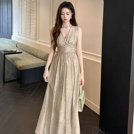 端庄优雅正式场合V领连衣裙女夏季绝美漂亮超好看印花无袖长裙子商品大图