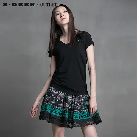 s.deer【上新】  圣迪奥专柜正品亮片装饰V领短袖黑色T恤4280131图片