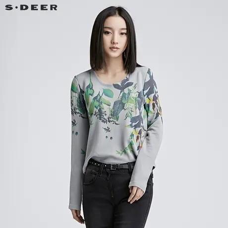 sdeer圣迪奥女装2018冬装细腻笔触勾勒草木印花上衣T恤S16480259图片