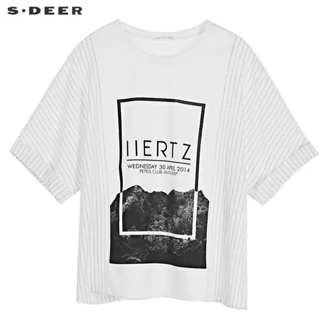 sdeer圣迪奥2019夏装新款圆领条纹拼接卷边撞色短袖T恤S19280163图片