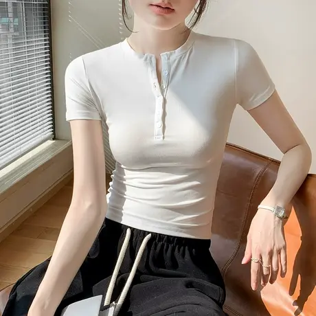 纽扣圆领短袖T恤女2025春季新款修身显瘦上衣正肩纯色内搭打底衫商品大图