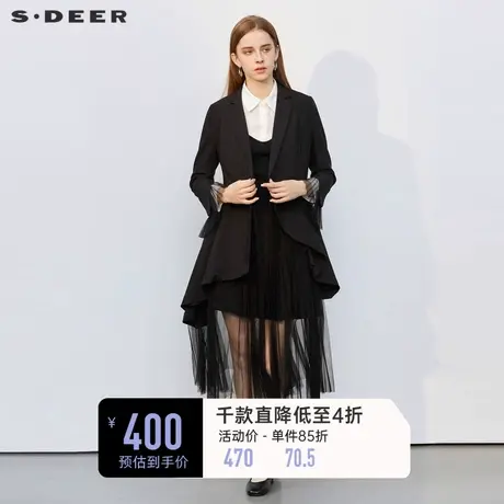 sdeer圣迪奥女装西装领外套英伦网纱中长款黑色风衣S221Z1701图片