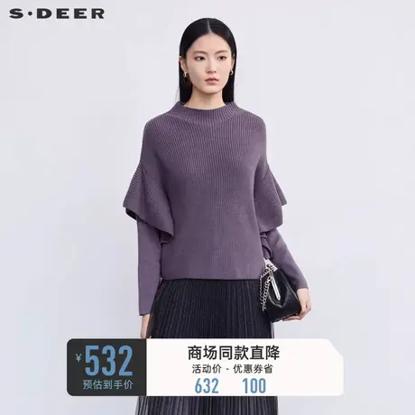sdeer圣迪奥秋冬装女装罗纹圆领拼接宽松针织衫S223Z35B4图片