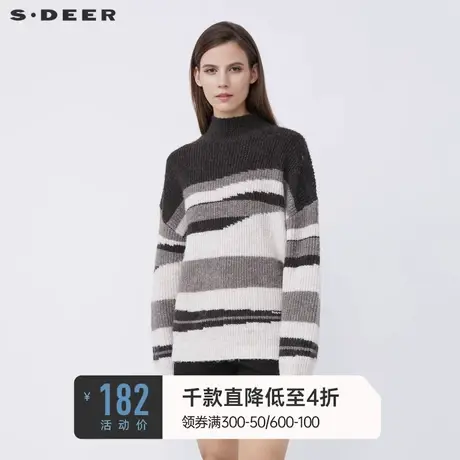 sdeer圣迪奥冬装半高领撞色条纹落肩宽松针织衫S21463537图片