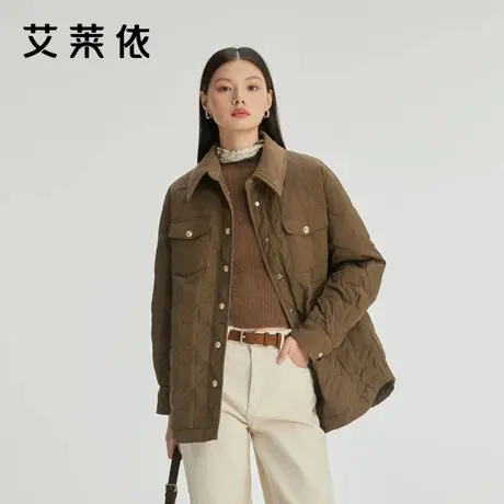 艾莱依新款羽绒服短大衣衬衫式拼接灯芯绒时尚通勤叠穿保暖外套女商品大图