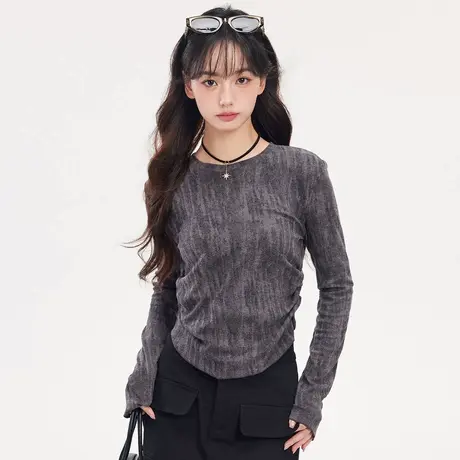 尔给秋季新品气质T恤长袖打底圆领显瘦复古秋冬修身百搭商品大图