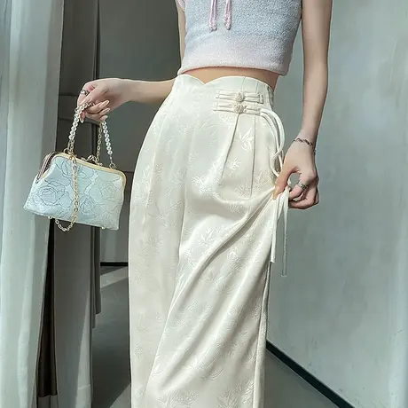 新中式国风阔腿裤女夏季薄款高腰提花缎面冰丝裤子宽松休闲直筒裤商品大图