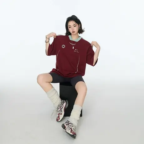 2025夏季新款宽松拼色条纹印花短袖T恤女ins潮酷百搭显瘦半袖上衣图片