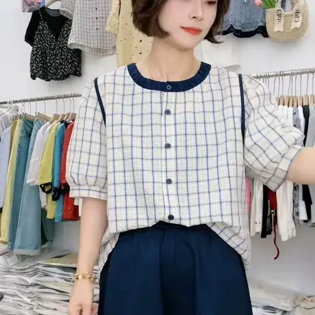 2025年夏季新款时尚花边领格子短袖衬衫女百搭泡泡袖洋气小衫上衣图片
