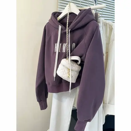 bf慵懒风连帽卫衣女春秋薄款韩版宽松显瘦短款小个子字母刺绣上衣图片