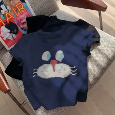 藏蓝色正肩短袖t恤女夏季2025爆款独特别致绝美短款辣妹百搭上衣商品大图