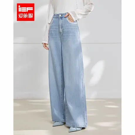 IEF/爱依服2025夏季新款蓝色牛仔裤女时尚蕾丝拼接长款显瘦阔腿裤商品大图
