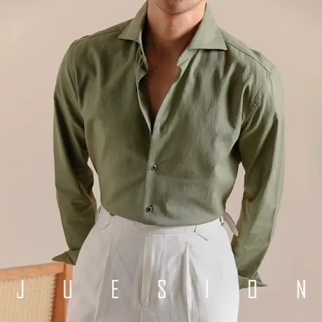 JUESION 春夏季透气一字领衬衫男长袖纯色意式休闲棉麻温莎领衬衣图片
