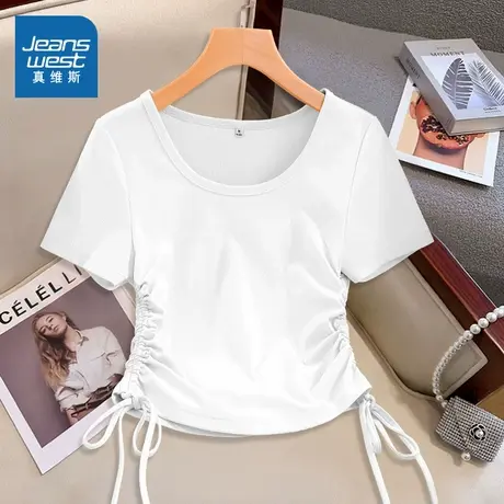 KMV真维斯白色U领抽绳短袖t恤女2025春夏季新款独特修身显瘦上衣商品大图