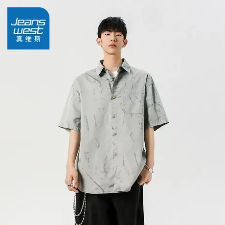 N5真维斯男士短袖衬衫2025夏季美式潮流设计男生休闲宽松百搭衬衣商品大图