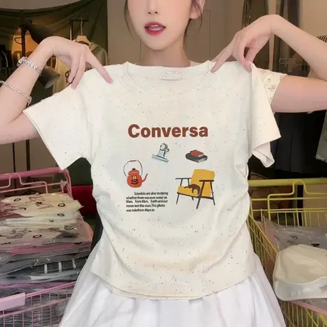 甜妹风正肩褶皱收腰短袖t恤女2025新款夏季洋气彩虹波点圆领上衣商品大图