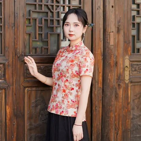 筠雅夏季新款国风改良上衣民国复古收腰显瘦新中式短袖上衣25J276商品大图