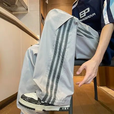 条纹冲锋裤子男春秋季2025新款cleanfit美式机能垂感休闲工装裤子图片