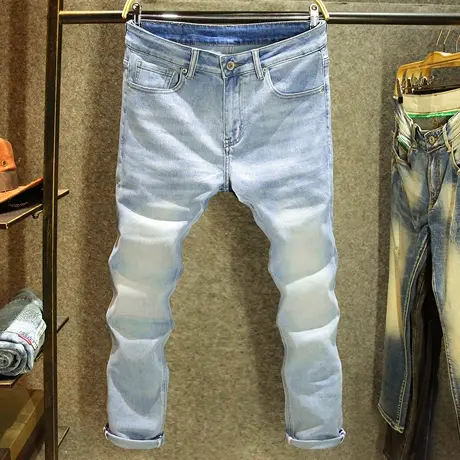 2025新款水洗磨白牛仔裤男款弹力修身小脚裤潮流时尚简约休闲长裤图片