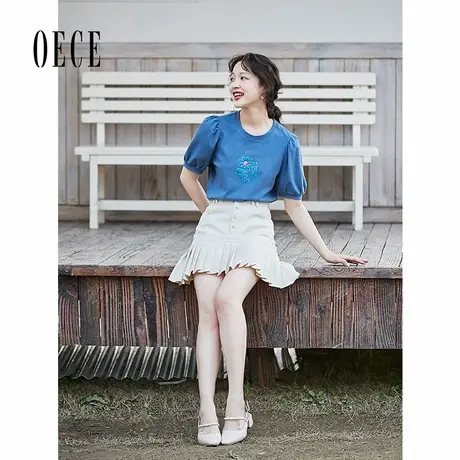 Oece复古减龄半身裙 夏装新款女装学院少女感减龄百褶高腰短裙图片