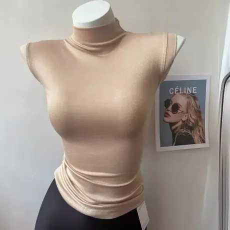 韩国小姐姐包肩无袖气质上衣女夏季紧身半高领弹力显胸大背心打底图片