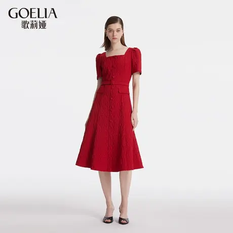 歌莉娅夏季新品方形领提花连衣裙泡泡袖甜美度假1C4R4K200商品大图