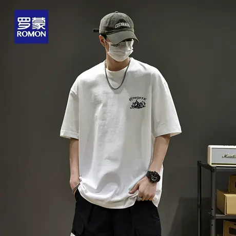 罗蒙高端纯棉男款印花短袖T恤衫夏季圆领宽松百搭透气重磅上衣N1Z商品大图