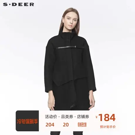 sdeer圣迪奥时尚高领搭袢拼接开衩不规则纯黑大衣S19481762🤷商品大图