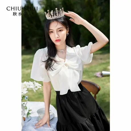 【添添粉丝专享】秋水伊人甜美蝴蝶结V领雪纺衫女花苞袖短袖上衣商品大图
