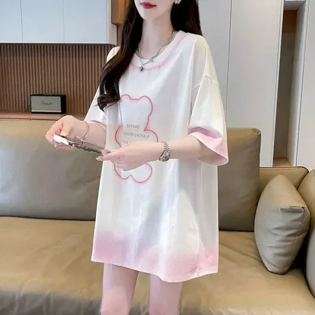 渐变色扎染短袖t恤女夏季韩版宽松大码女装中长款下衣失踪上衣服商品大图