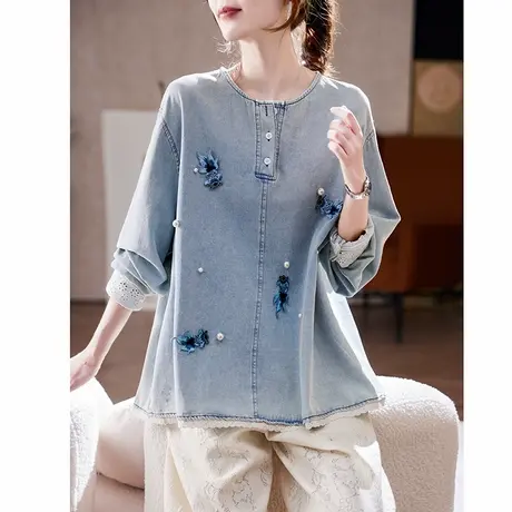 宝诗黎钉珠刺绣拼接牛仔上衣2025春季韩系时尚洋气宽松大码女装商品大图