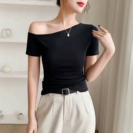 斜肩一字领2025春夏纯色时尚短袖T恤半袖紧身内搭黑色短款打底衫商品大图