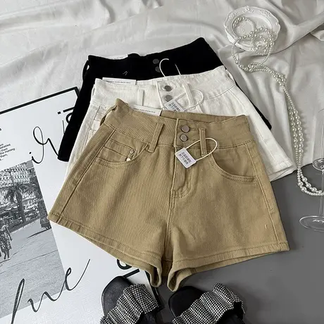 美式辣妹弹力高腰双扣牛仔短裤女2025爆款宽松弹力阔腿a字热裤潮商品大图